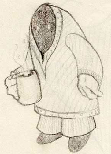 ghost in robe drinking coffee